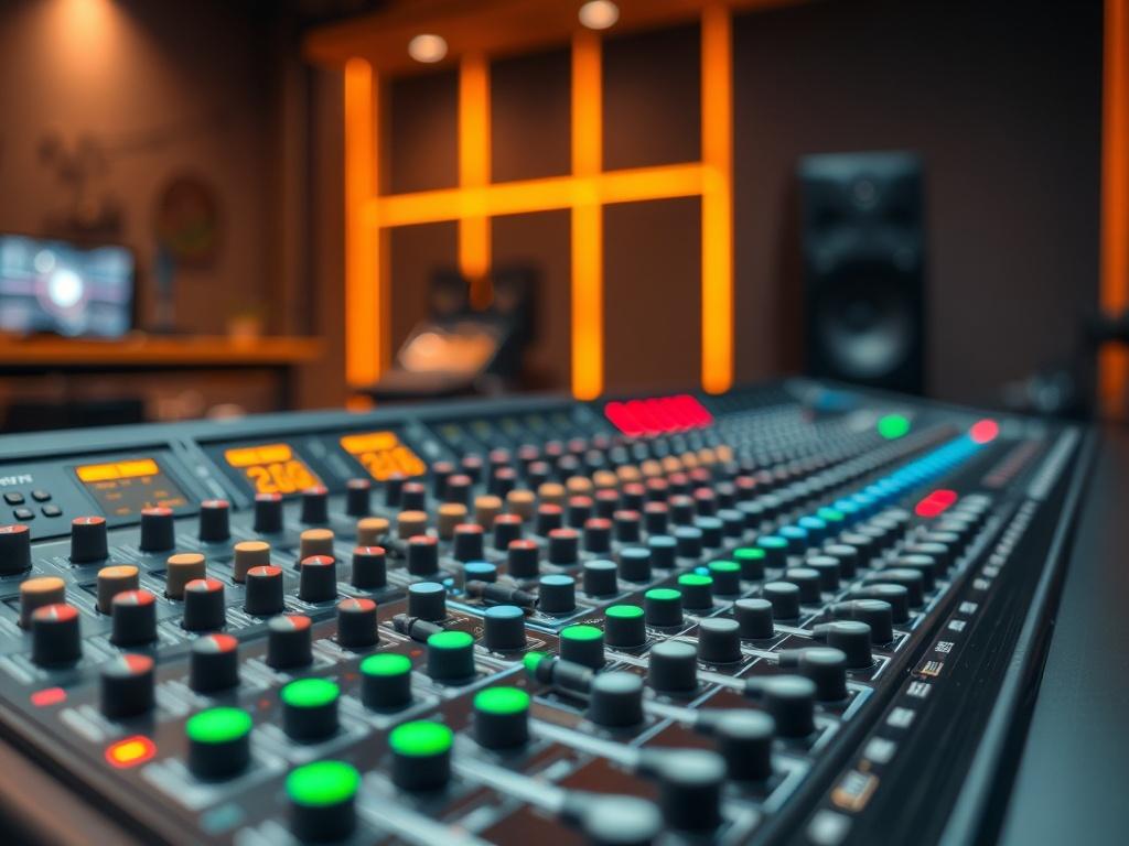 A hyper-realistic close-up shot of a mixing console with colorful sound levels displayed, highlighting the intricate details of the equipment. The background should be slightly blurred, showcasing a modern music studio ambiance filled with creative energy.