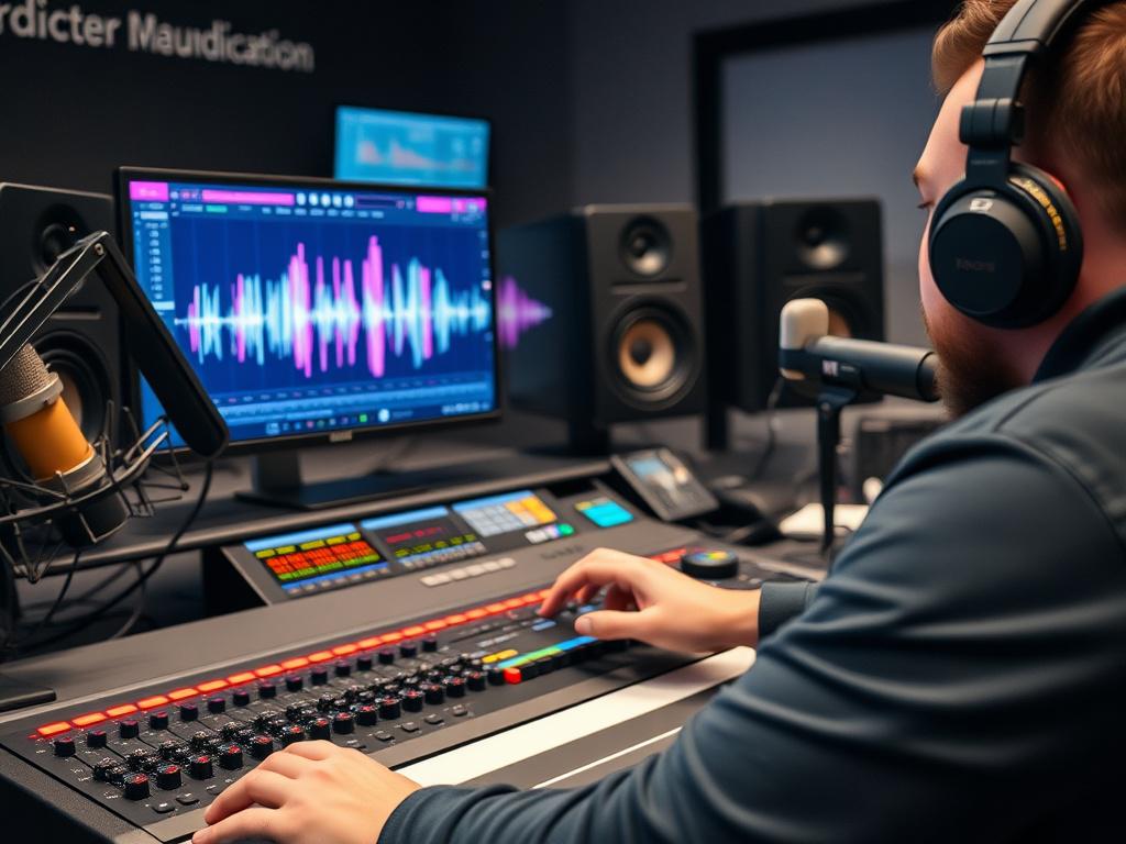 A close-up shot of a music producer working in a modern studio, focused on a digital audio workstation (DAW) with vibrant sound waves on the screen. The background features professional studio equipment like microphones and monitors, all rendered in high-resolution with a soft focus effect. The color scheme should harmonize with rgb(50, 170, 39).