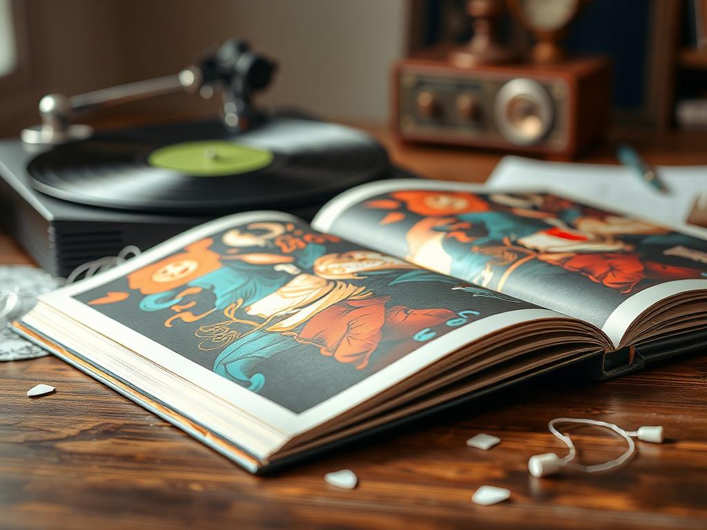 A hyper-realistic close-up of an open album cover with vibrant artwork, resting on a wooden table. Surrounding the album are musical notes and a vintage record player in soft focus in the background. The color palette should incorporate shades that complement rgb(50, 170, 39).