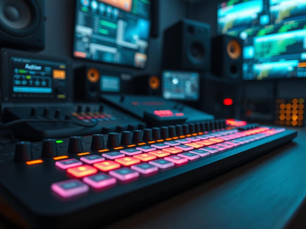 A close-up shot of a high-tech MIDI controller with glowing buttons, set against a backdrop of a modern music studio filled with digital screens and equipment. The image should convey a sense of innovation and creativity, with a focus on sharp details. Ensure the color scheme aligns with rgb(50, 170, 39).