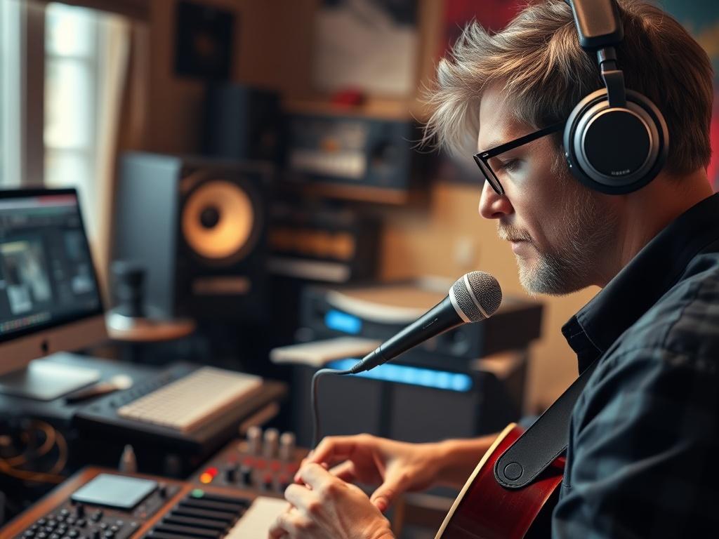 A close-up shot of a musician working on their music in a home studio, surrounded by instruments and technology. The background is slightly blurred to focus on the musician, who is engaged in creating music. The lighting is warm and inviting, emphasizing a creative atmosphere. The image should convey a sense of passion and dedication to music, with realistic high-resolution quality.