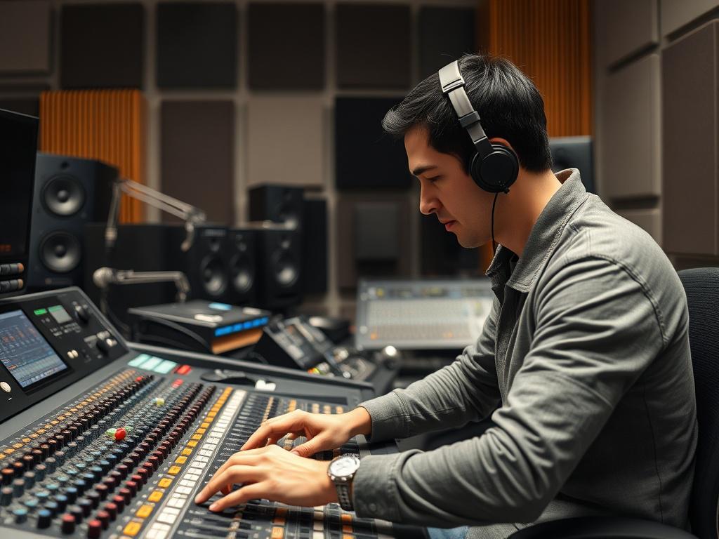 **AI Image Generation Prompt:**

Create a realistic high-resolution photo of a professional sound engineer working in a modern mixing studio. The subject should be a focused male engineer in his late 30s with short black hair, wearing casual clothing, deeply engaged with a sound mixing console. His hands should be adjusting the knobs and sliders, showcasing the attention to detail necessary in the mixing process. 

The background should feature an array of high-quality audio equipment, such as monitors, mic