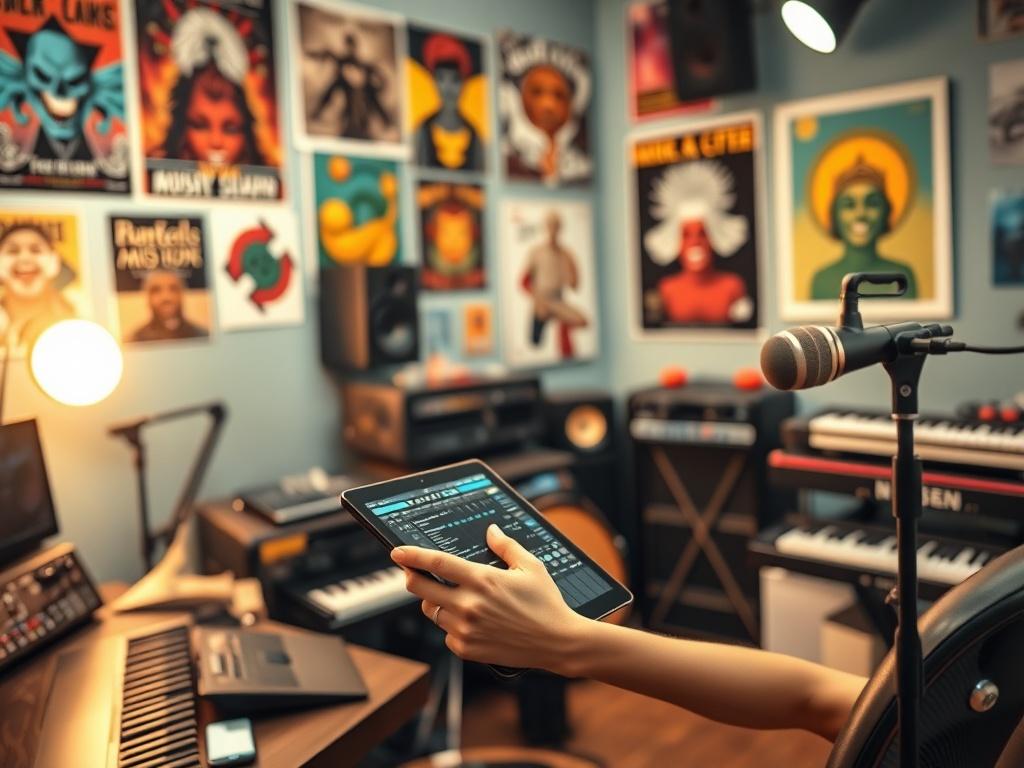 A hyper-realistic close-up shot of a vibrant music studio workspace featuring a graphic designer working on a digital tablet with various musical instruments in the background. The scene should convey creativity and professionalism, highlighting elements like colorful music posters, a keyboard, and a microphone. The lighting should be warm and inviting, emphasizing the detailed textures of the workspace.