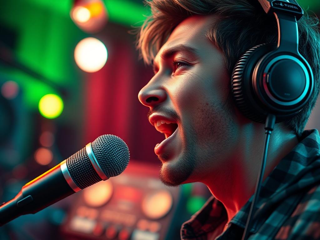 A close-up shot of an artist in a recording studio, speaking into a microphone with passion. The background features sound equipment and colorful lights, creating a dynamic and engaging atmosphere. The image is hyper-realistic with bright colors, aligning with the green RGB color theme.