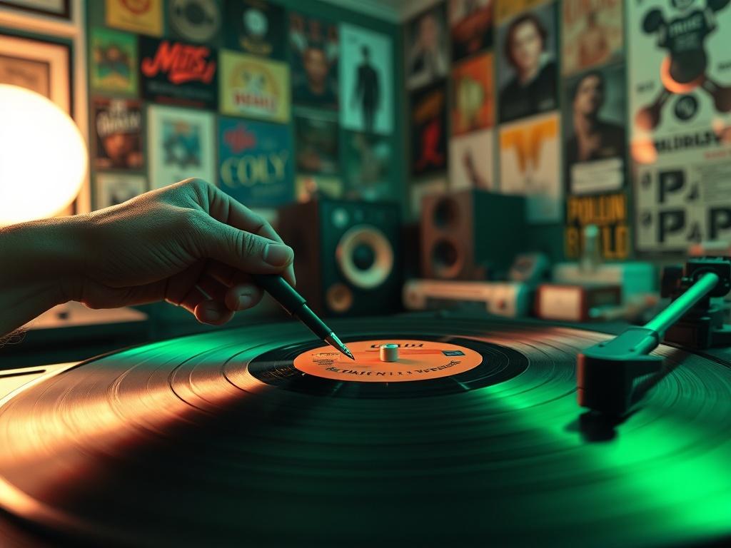 A close-up shot of an open vinyl record on a turntable, with a hand holding a stylus about to touch the record. The background includes a dimly lit room filled with music memorabilia and posters, creating an intimate vibe. The image is in hyper-realistic style with deep colors, emphasizing the green RGB color theme.
