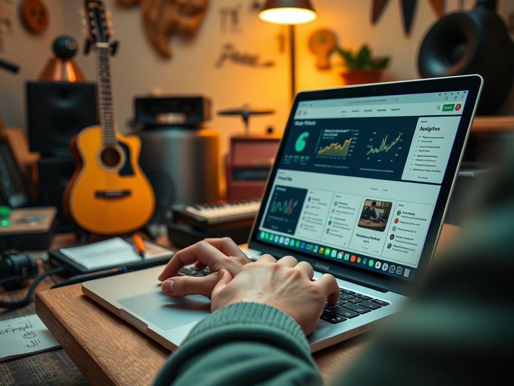 A close-up shot of a person typing on a laptop, focused on the screen displaying music analytics and SEO tools. The background is a cozy workspace with musical instruments and notes scattered around, capturing a creative atmosphere. The image is rendered in hyper-realistic style with vibrant colors, particularly highlighting a green RGB color theme.