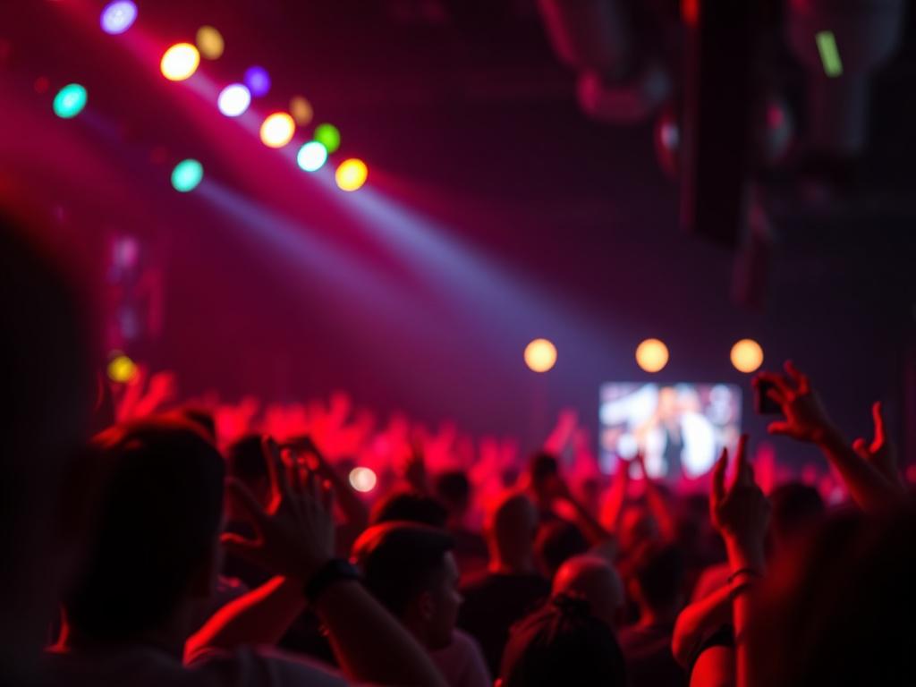 A realistic close-up shot of a vibrant live concert scene, focusing on a singer performing passionately on stage with colorful lights illuminating the crowd. The background is blurred, emphasizing the artist, shot with a 45mm f/1.2 lens style.