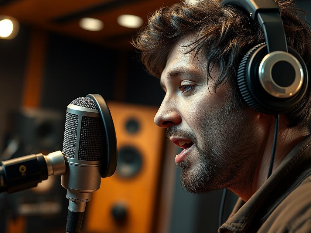 A hyper-realistic close-up shot of a musician in a recording studio, speaking into a microphone, with sound equipment and acoustic panels in the background. The focus is on the artist's expressive face conveying passion for music, shot with a 45mm f/1.2 lens style.