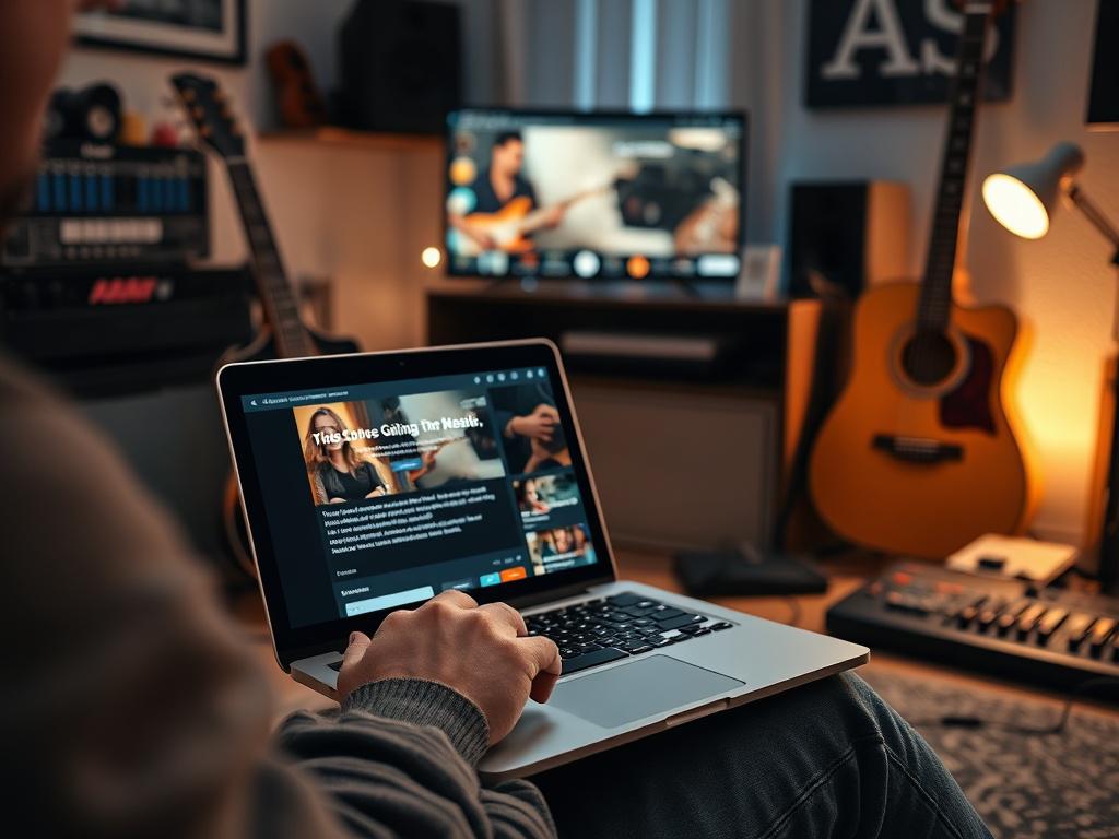 A close-up shot of a person browsing a music blog on a laptop, surrounded by musical instruments like a guitar and a keyboard. The background displays a cozy home studio with soft lighting, creating an inviting atmosphere, shot with a 45mm f/1.2 lens style.