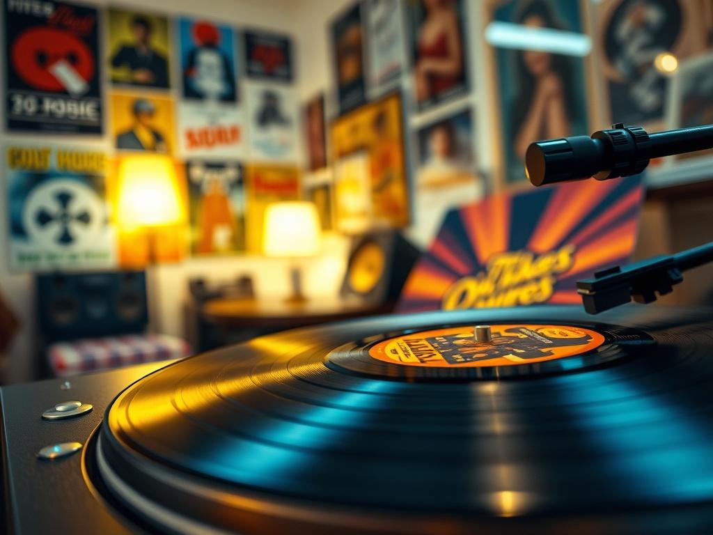 Close-up shot of a vinyl record spinning on a turntable, with focus on the album cover featuring vibrant artwork. The background is softly blurred, showing a cozy room filled with musical posters and a warm light illuminating the scene. The image conveys a sense of nostalgia and passion for music.