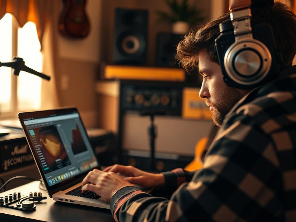 Close-up shot of a musician working on a laptop in a cozy studio environment, focusing on the computer screen displaying SEO analytics. The musician is engaged and appears thoughtful, surrounded by music equipment and instruments. The lighting is warm and inviting, creating an inspiring atmosphere for creativity and productivity.