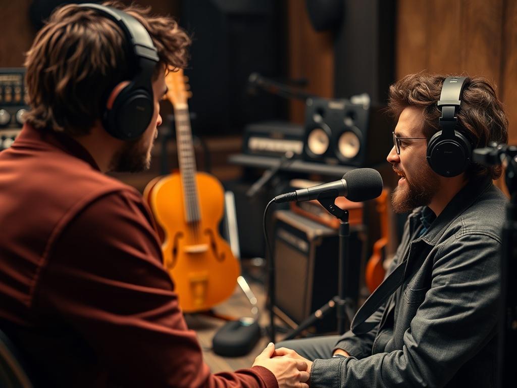Close-up shot of a musician sitting in a recording studio, engaged in an interview with a journalist. The musician is speaking passionately, with a microphone in front of them. The studio is filled with musical instruments and sound equipment, creating an authentic and creative atmosphere.