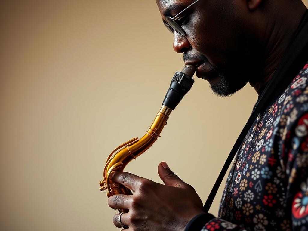 ### Prompt para Gerador de Imagem AI

Crie uma imagem realista em alta resolução que represente o artigo intitulado "Explorando os Géneros Musicais de Moçambique: Kizomba, R&B e Jazz". O foco principal da imagem deve ser um músico moçambicano tocando um instrumento musical associado a um dos gêneros mencionados, preferencialmente um saxofone para simbolizar o jazz, mas também pode ser um artista dançando Kizomba, capturando a essência da dança e da música.

A composição deve ser clara e simples, com o músic