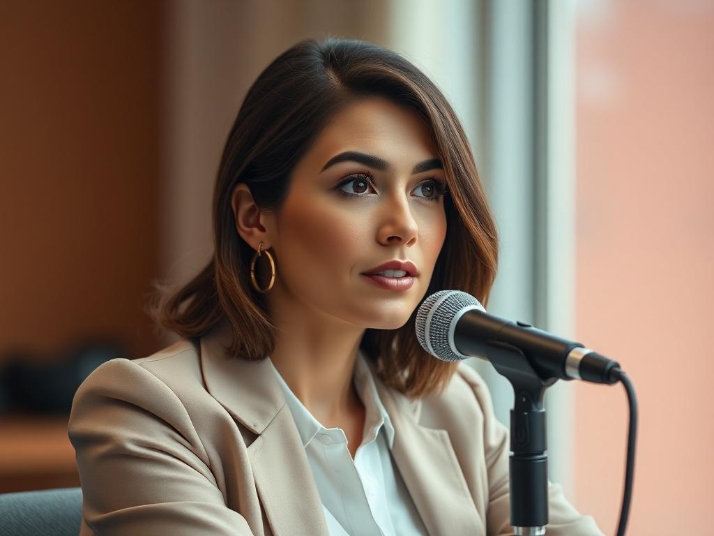 A close-up shot of Fátima during an interview, looking thoughtful and engaged. She is seated with a microphone in front of her, showcasing her stylish outfit and confident demeanor. The background should be a subtly blurred setting that emphasizes the interview atmosphere. The lighting is soft and flattering, enhancing her features. The photo should be realistic and high-resolution, taken with a 45mm f/1.2 lens style.