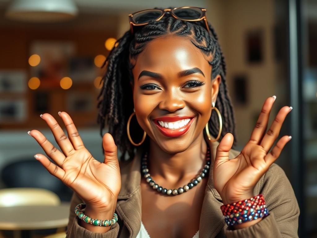 A close-up shot of Fátima, the Mozambican model, giving a fashion tip. She is smiling and gesturing with her hands, wearing fashionable accessories. The background should showcase a stylish setting that reflects a modern lifestyle. The lighting is bright and inviting, capturing her vibrant personality. The photo should be realistic and high-resolution, taken with a 45mm f/1.2 lens style.