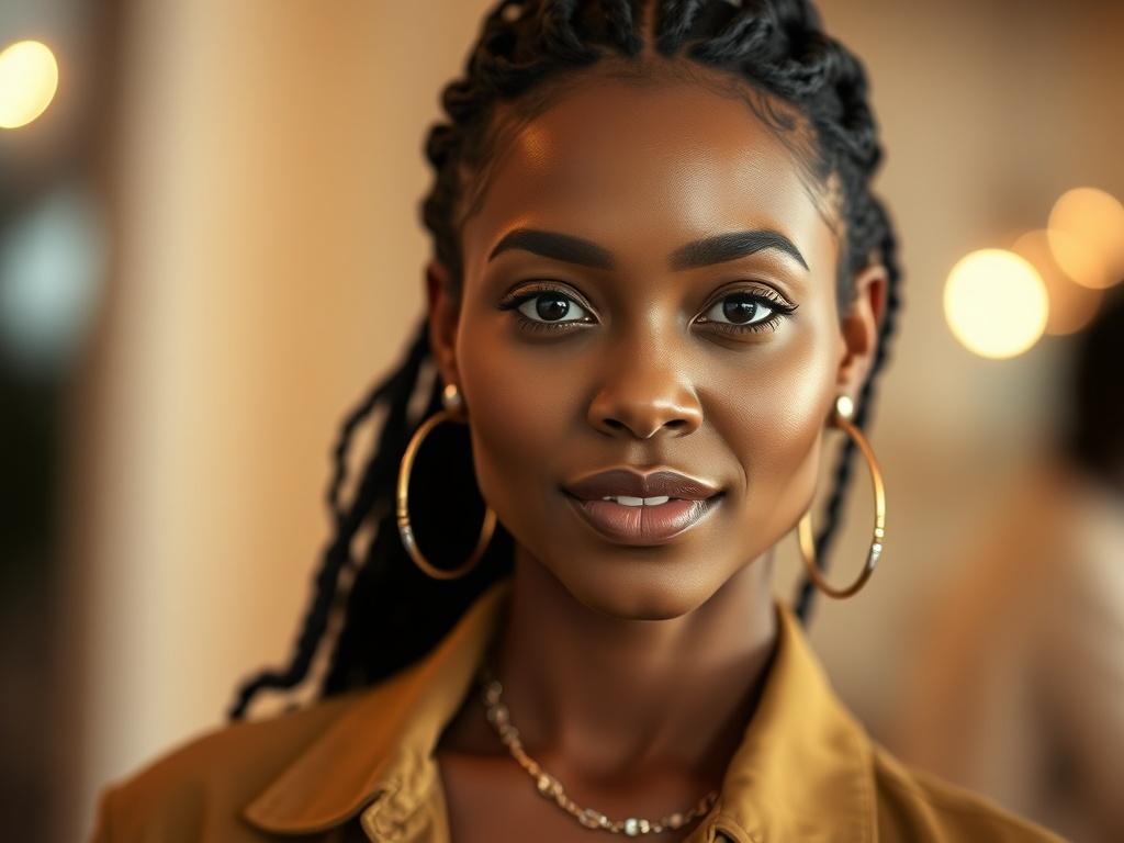 A close-up shot of a stylish female model from Mozambique, Fátima, exuding confidence and elegance. She is wearing a trendy outfit that reflects the latest fashion trends. The background is softly blurred to keep attention on her, with a warm ambient light that enhances her features. The photo should be realistic and high-resolution, taken with a 45mm f/1.2 lens style.