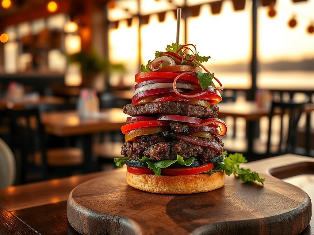 A realistic high resolution of a gourmet beef burger stacked