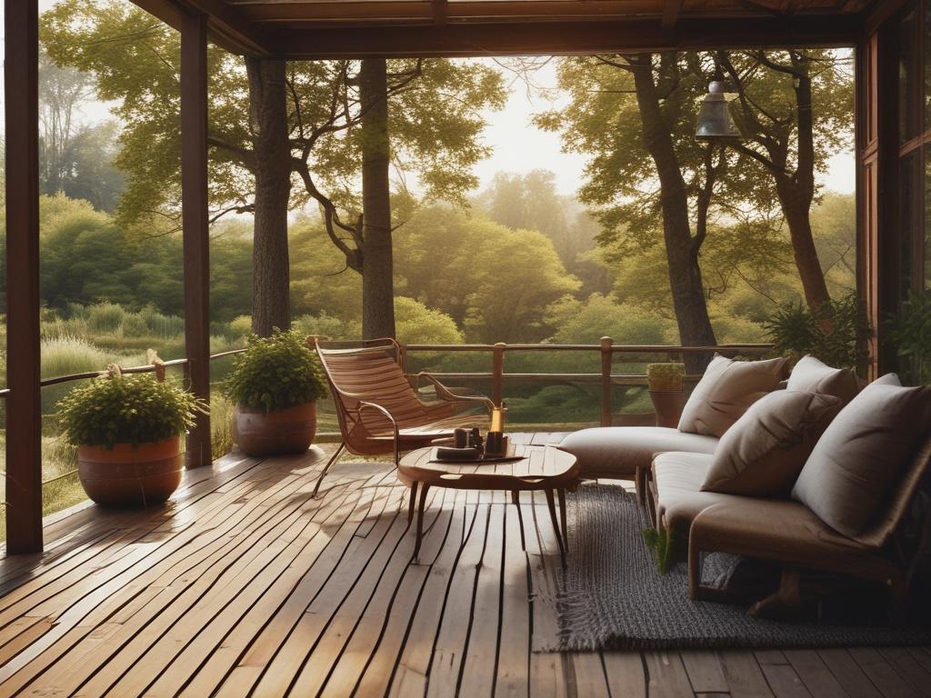 **Prompt for AI Image Generator:**

Create a realistic high-resolution image that encapsulates the essence of outdoor living. The composition should feature a single, captivating subject: a person sitting contentedly on a wooden deck overlooking a serene forest landscape. The individual, a middle-aged woman with long hair, should be dressed in comfortable outdoor clothing, engaged in a contemplative moment, perhaps sipping from a steaming mug. 

In the foreground, include elements like a cozy blanket draped