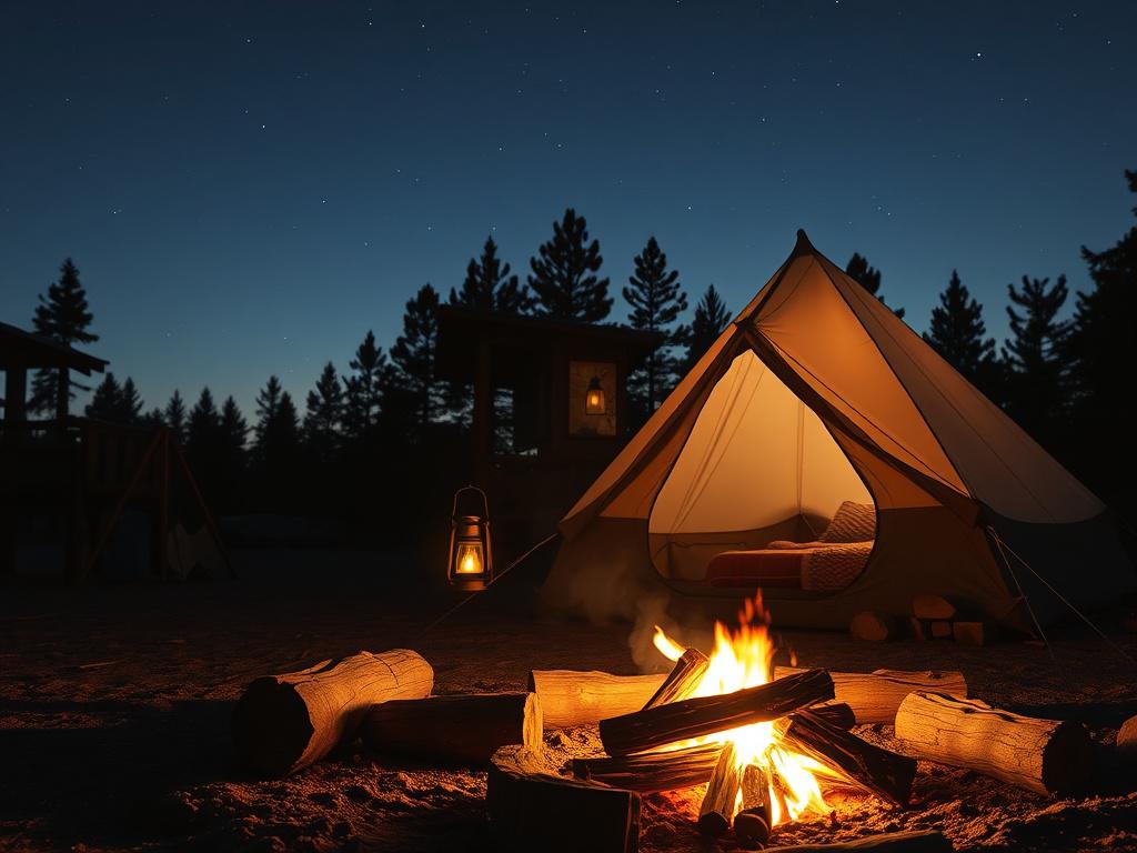 A serene campsite at dusk, featuring a cozy tent illuminated by soft lantern light. In the foreground, a crackling campfire surrounded by rustic wooden logs invites warmth. The background showcases a clear starry sky and silhouettes of pine trees, creating a peaceful and inviting atmosphere that embodies the essence of outdoor adventure.