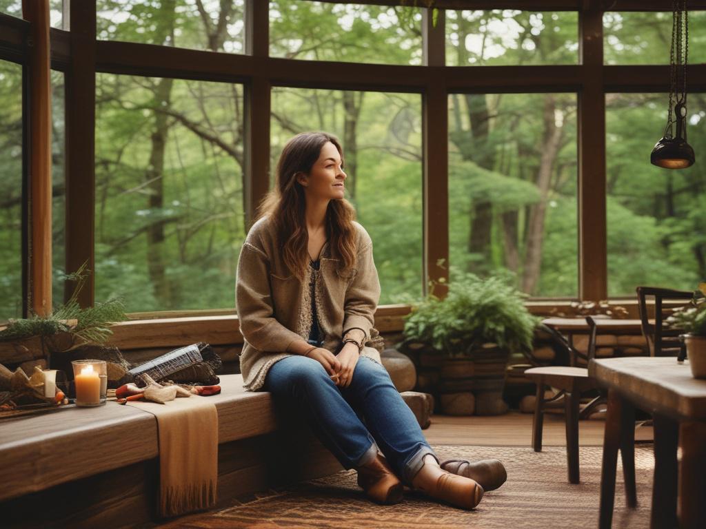 **Prompt for AI Image Generator:**

Create a realistic high-resolution image that embodies the theme "Embrace the Wild: The Essence of Outdoor Living." Focus on a solitary individual, a woman in her mid-30s, depicted sitting peacefully on a large, weathered rock amidst a serene landscape. She is dressed in comfortable, earth-toned outdoor clothing, with a light jacket and hiking boots, exuding a sense of connection to nature.

The woman gazes out over a breathtaking view of a lush valley, dotted with vibran