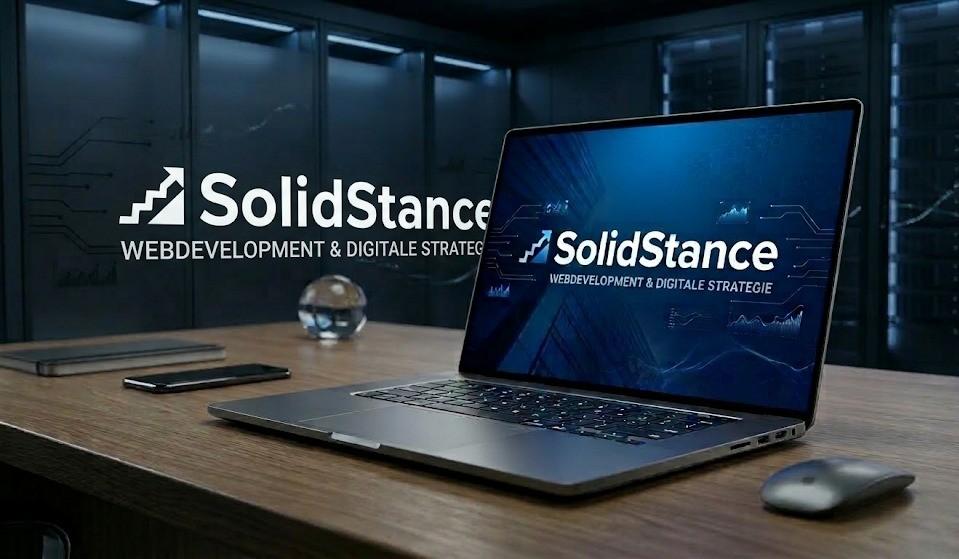 3D laptop mockup met SolidStance branding op het scherm