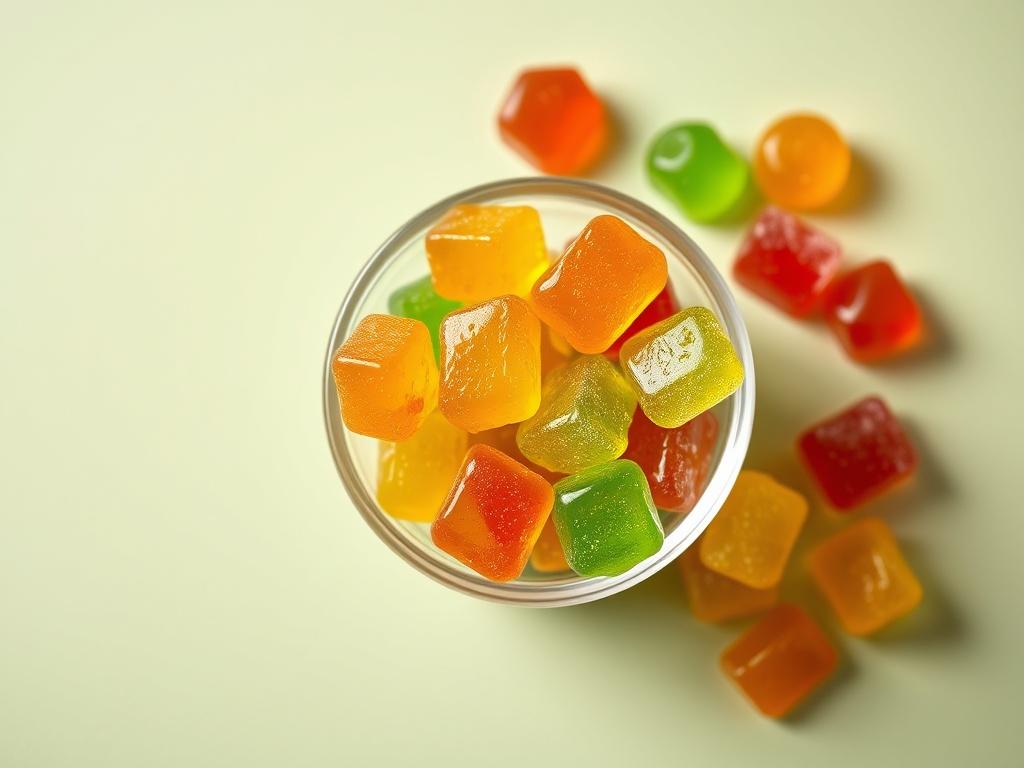 A vibrant, high resolution image of colorful CBD gummies in