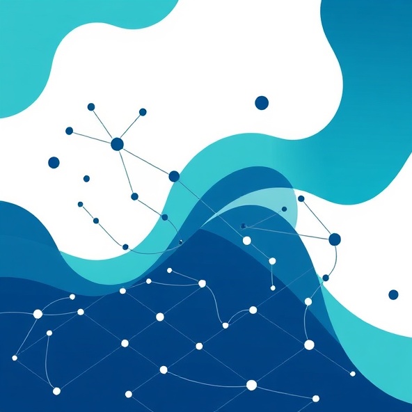 Abstract data visualization with interconnected nodes and geometric shapes