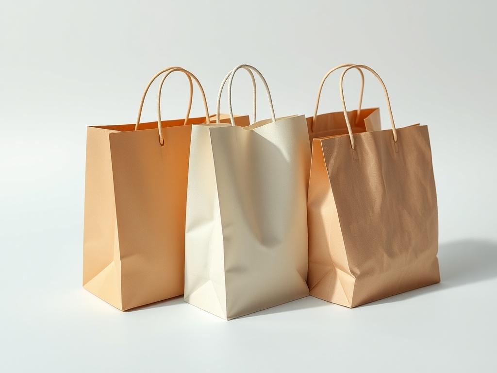 A realistic high-resolution close-up shot of a variety of poly and paper bags displayed on a clean, simple background. The image should focus on the texture and quality of the bags, showcasing their sturdy construction and versatility. Include both types of bags: a glossy poly bag and a rustic paper bag, arranged side by side to highlight their differences. The lighting should be bright and natural, emphasizing the color and details of the bags.