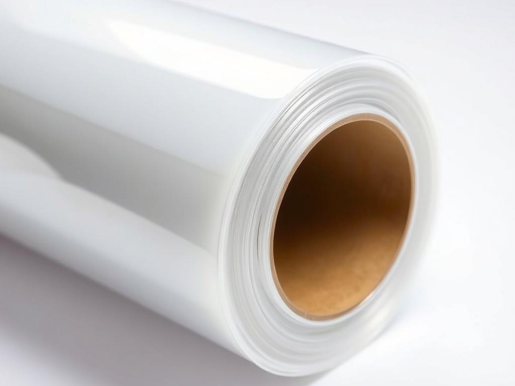 A close-up shot of a roll of PVC shrink wrap on a simple white background. The roll should be prominently displayed in the center, showcasing its glossy, transparent texture and slight sheen. The focus should be sharp, highlighting the quality and flexibility of the material. The image should evoke a sense of reliability and professionalism, suitable for packaging and preservation.