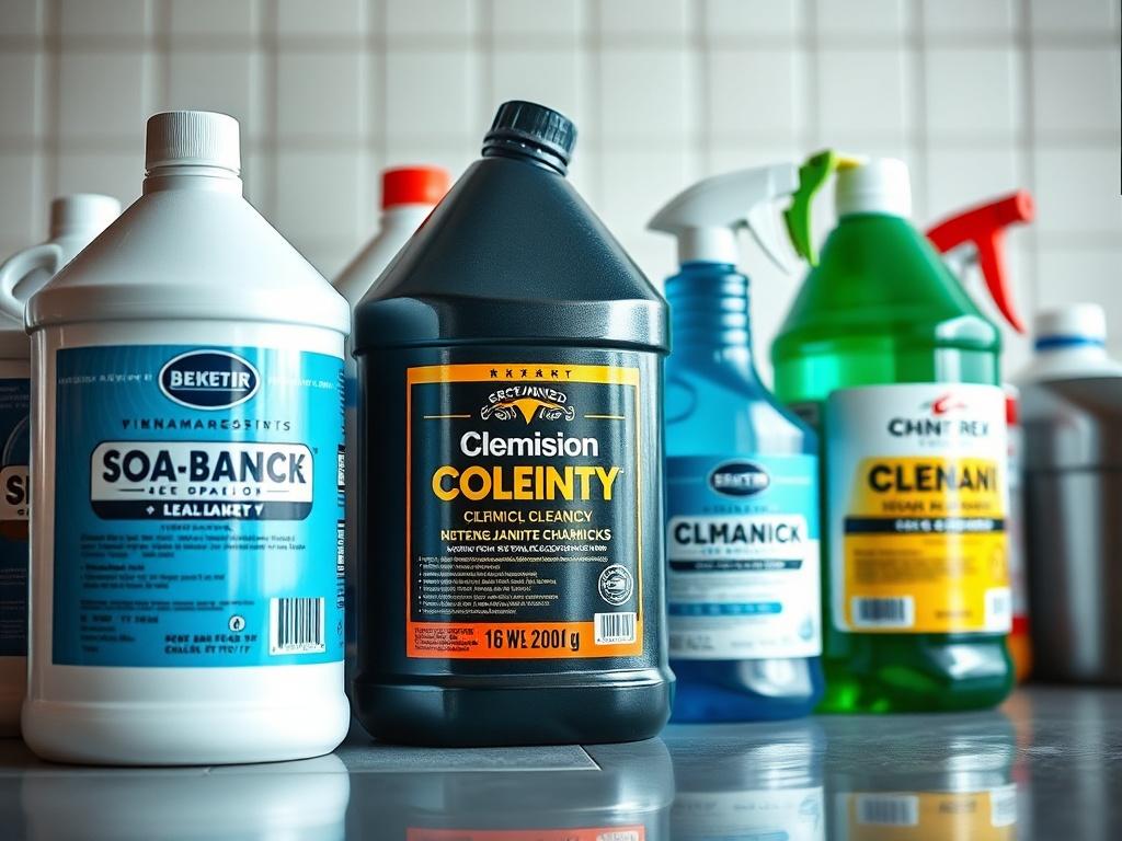 A hyper realistic image of janitorial chemicals in sturdy containers,