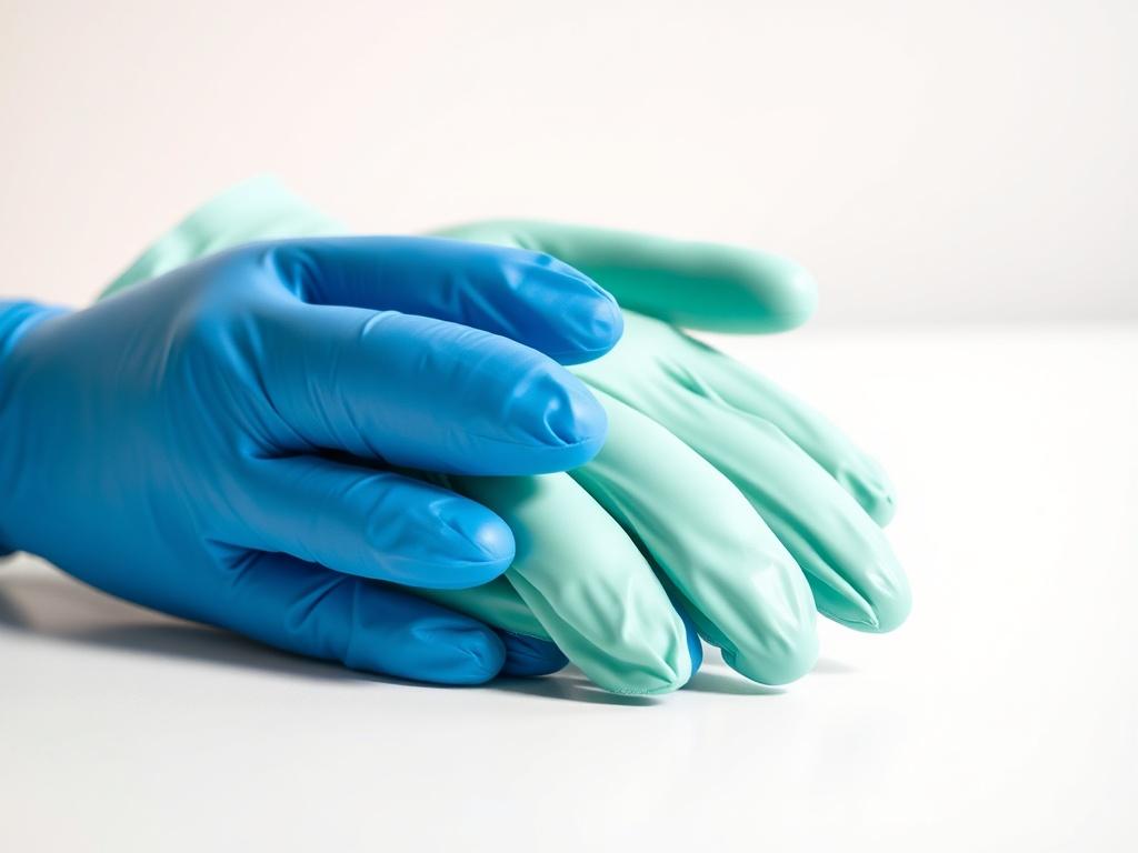 A close-up shot of three types of gloves: nitrile, latex, and vinyl gloves. The nitrile gloves should be in a deep blue color, the latex gloves in a light green color, and the vinyl gloves in a translucent white. The gloves should be displayed neatly on a simple, clean surface, with a soft, blurred background. The focus should be sharp on the gloves to highlight their textures and quality. The lighting should be bright and natural, creating a welcoming and professional feel.