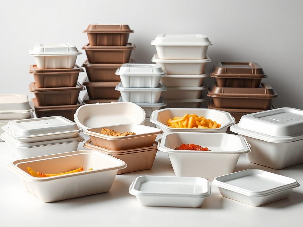 A close-up shot of a variety of foodservice disposable products including takeout containers, clamshells, and trays arranged aesthetically. The background is simple and clean, emphasizing the quality and design of the products. The lighting highlights the texture and details of the containers, creating a realistic and inviting image. The color scheme should align with the rgb(50, 170, 39) primary color.