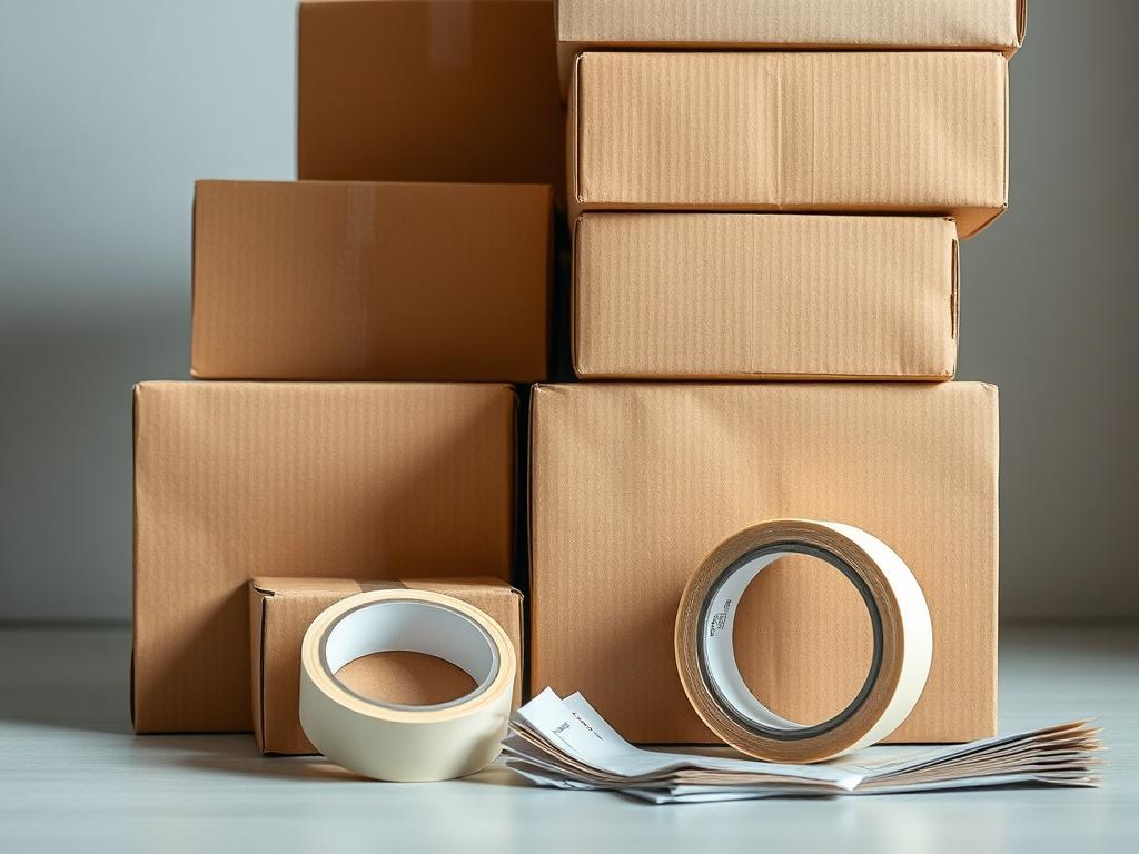 A close-up shot of corrugated boxes stacked neatly, with a strong tape roll and mailers placed beside them. The background should be simple and unobtrusive, emphasizing the packaging items. The lighting should be bright and natural, highlighting the textures and details of the boxes and mailers, rendered in a hyper-realistic style.