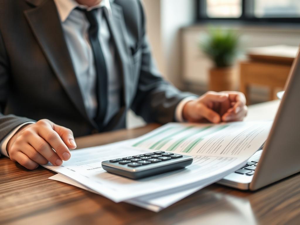 A hyper-realistic close-up shot of a professional consultant reviewing documents with a calculator and a laptop open on a desk. The background should be softly blurred, featuring a modern office setting with natural light. The consultant is focused and appears engaged in analyzing cost-saving strategies for business supplies. The color theme should incorporate shades of green to reflect growth and savings.