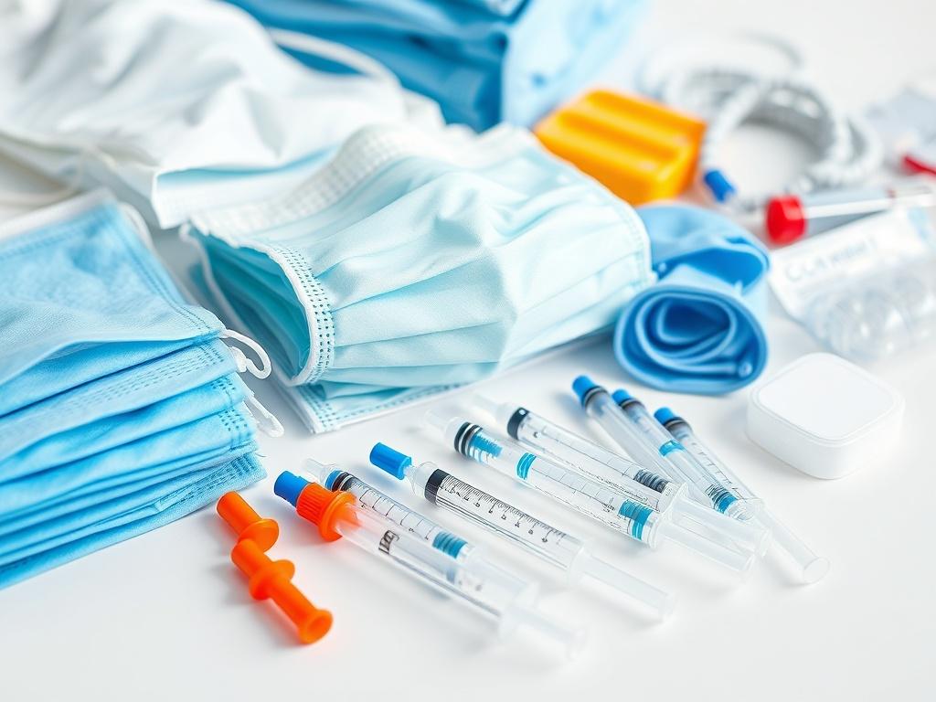 A close-up shot of a neatly arranged set of medical supplies including surgical masks, syringes, personal protective equipment (PPE), and medical gowns on a clean white background. The composition should focus on the quality and variety of the items, with a softly blurred background to emphasize the products in the foreground. The lighting should be bright and even, highlighting the details of each item, giving a clear view of textures and materials.