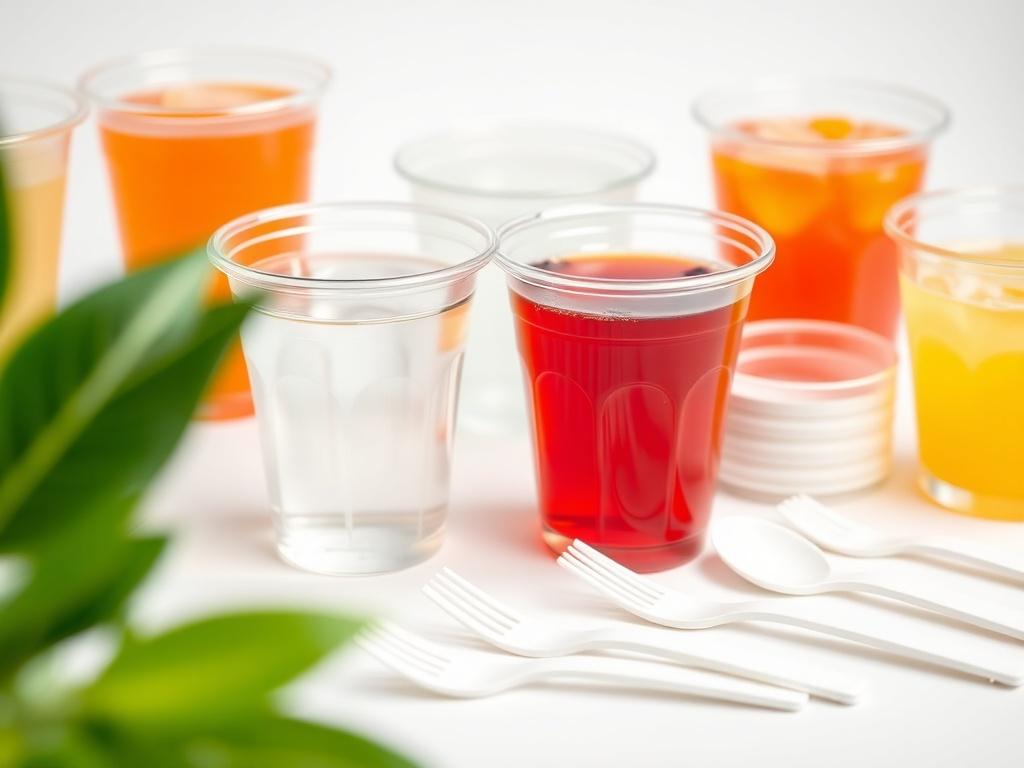 A close-up shot of transparent PET cups and white plastic cutlery arranged neatly on a simple white background. The cups should be filled with a colorful beverage, showcasing their clarity and design, while the cutlery should be displayed next to the cups, highlighting their sleek, clean lines. The focus should be on the quality and usability of these items, emphasizing their suitability for events and everyday use.