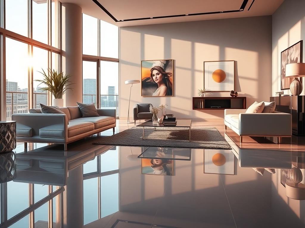 A stunning interior shot of a modern living room in a luxury apartment, featuring large windows with natural light streaming in. The room is elegantly furnished with a sleek sofa, stylish coffee table, and contemporary art on the walls. The reflections on the glossy surfaces of the furniture create a luminous atmosphere, while the warm color palette enhances the inviting feel of the space.