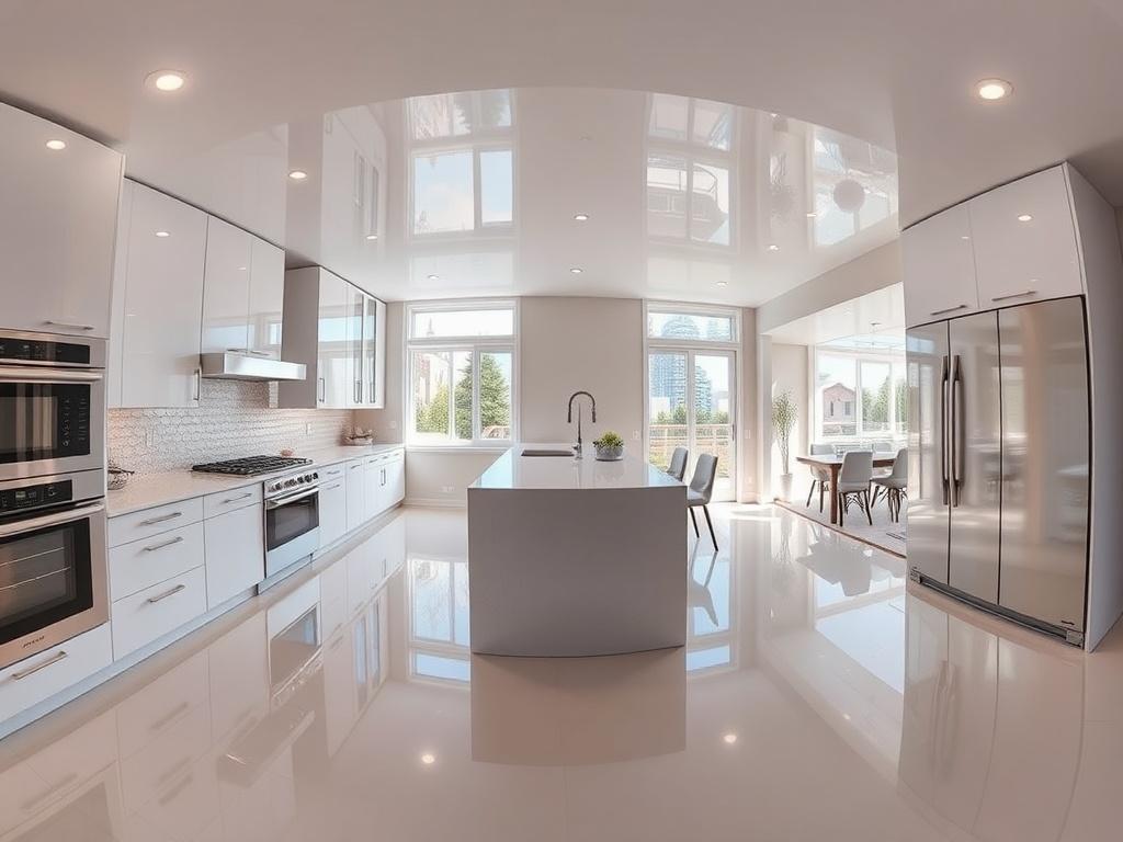 An interactive 360-degree view of a spacious kitchen featuring modern appliances and sleek cabinetry. The kitchen is well-lit with natural light coming through large windows, and the glossy surfaces reflect the bright atmosphere. The layout is open, showcasing a seamless transition to the adjoining dining area, inviting viewers to explore the space.