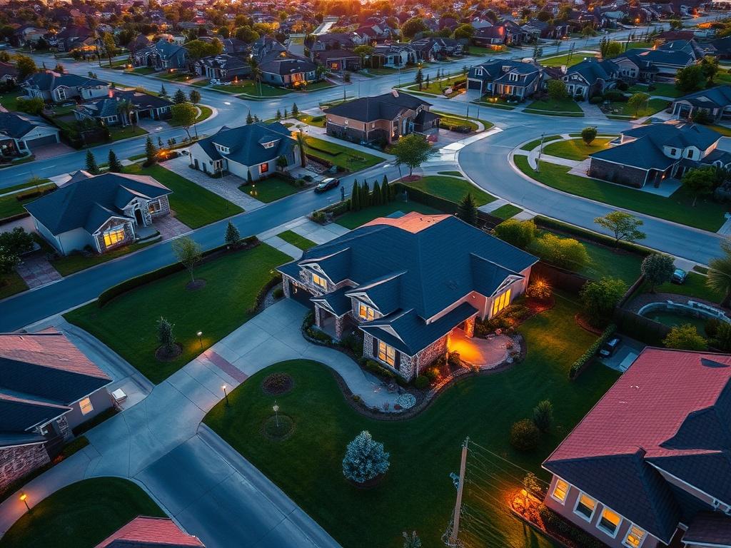 A dynamic aerial shot of a beautiful suburban neighborhood filmed at sunset, showcasing a collection of upscale homes with manicured lawns. The camera gradually zooms in on a particular property, revealing its stunning architecture and landscaping. The vibrant colors of the sunset reflect off the glossy surfaces of the homes, creating a warm and inviting atmosphere.