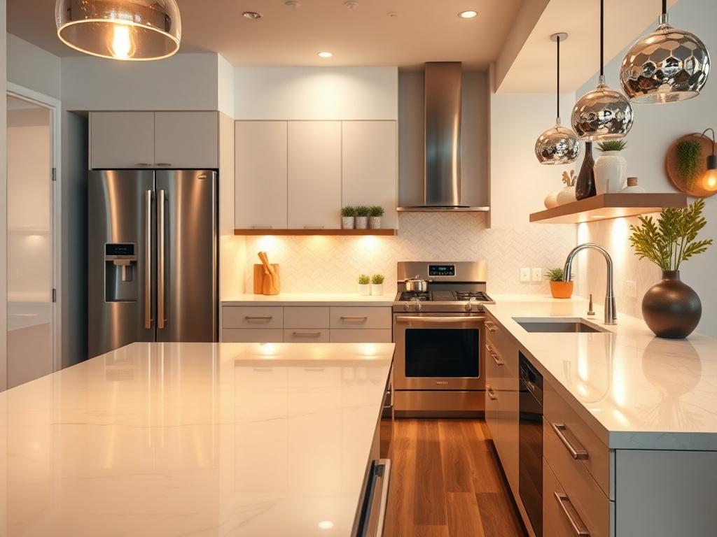 A high-resolution video still capturing a modern kitchen with an inviting layout, featuring sleek countertops, stainless steel appliances, and ambient lighting. The scene should emphasize the kitchen’s open design and functionality, with a focus on details like decorative elements and textures. The composition should be clear and well-lit, showcasing the kitchen as a warm and welcoming space.