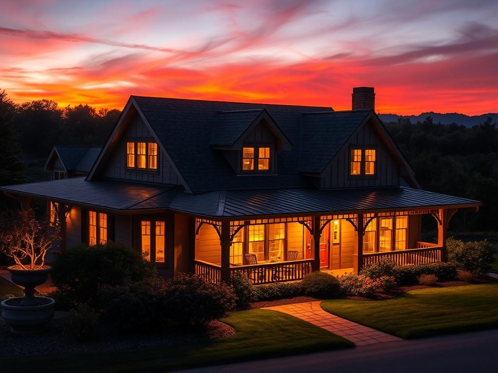 A high-resolution, twilight photograph of a charming house with illuminated windows, surrounded by lush landscaping. The sky should display vibrant hues of orange and purple as the sun sets, creating a beautiful backdrop. The focus should be on the house, showcasing its architectural features and warm, inviting lights that enhance its appeal.