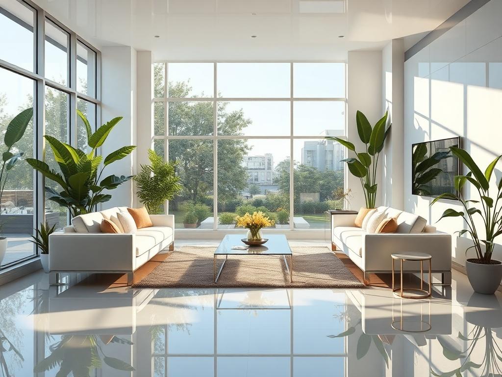 A high-resolution, hyper-glossy image of a beautifully staged living room featuring modern furniture, large windows with natural light pouring in, and lush indoor plants. The room should have a sleek and polished look, with reflective surfaces and bright highlights. The composition should focus solely on the living room, capturing its spaciousness and inviting atmosphere.