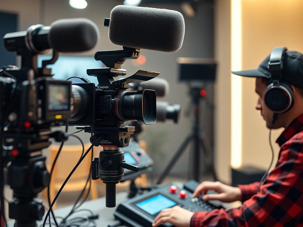 A close-up shot of a broadcasting setup featuring high-quality cameras, microphones, and live streaming equipment, with an operator adjusting controls. The background should reflect a modern studio environment, with soft lighting to create a professional ambiance.