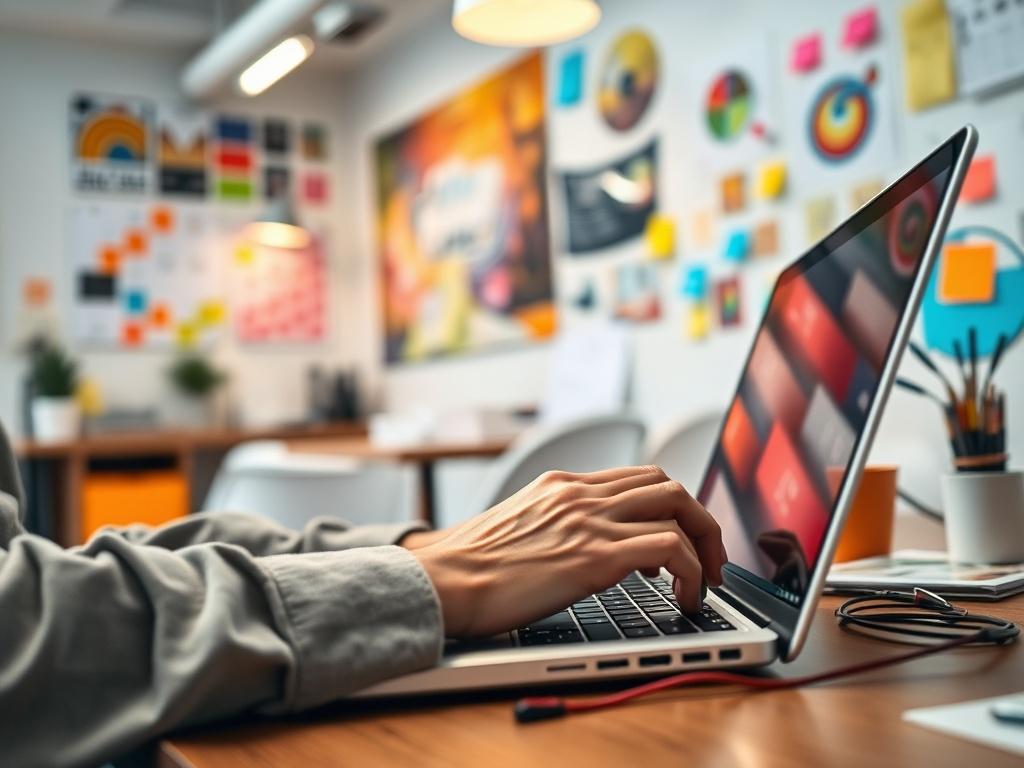 A close-up shot of a content creator working on a laptop, surrounded by colorful graphics and notes, in a vibrant office space. The focus should be on the creator's hands typing, with an inspiring atmosphere reflecting creativity and innovation.