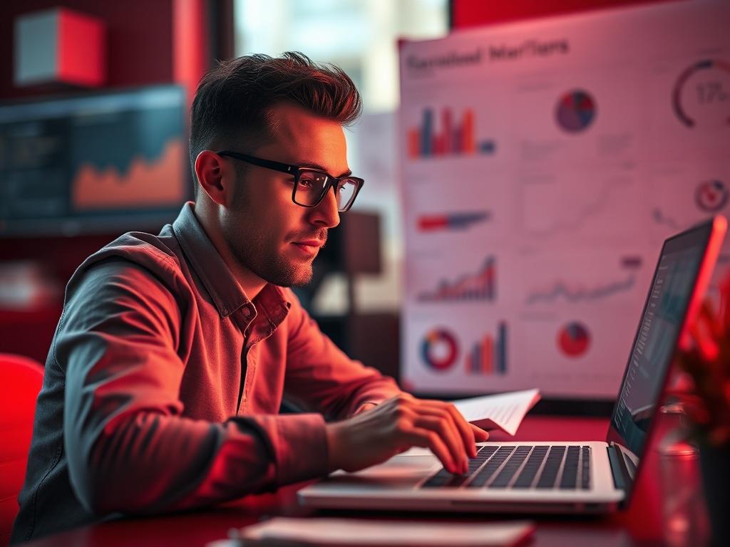 A close-up shot of a professional marketer analyzing data on a laptop, surrounded by charts and graphs, with a focused expression. The background should be blurred to emphasize the subject, and the color palette should include rich reds and warm tones to create an engaging environment.