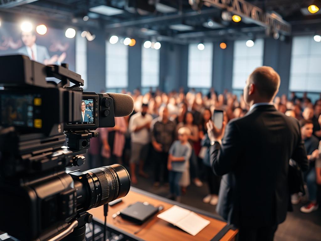 A professional broadcasting setup featuring high-end cameras, microphones, and lighting equipment. The scene shows a live event in progress with a host speaking to an engaged audience. The background is filled with audience members, showcasing excitement and interaction, all under bright stage lights.