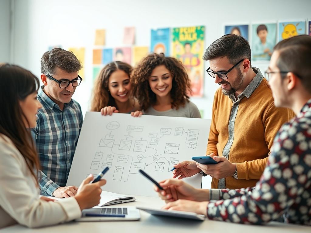 A creative team brainstorming ideas in a bright, modern workspace. They are surrounded by colorful posters and digital devices, deep in discussion about content strategies. One team member is sketching ideas on a whiteboard, while others take notes. The atmosphere is energetic and collaborative, reflecting a vibrant creative process.