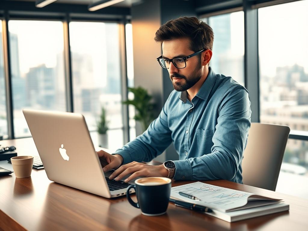 A professional marketing strategist analyzing data on a laptop in a modern office setting. The desk is clutter-free, featuring a coffee cup and a notepad with marketing notes. The background shows a large window with city views, promoting a sense of dynamic business environment. The light is warm and inviting, highlighting the strategist's focused expression.
