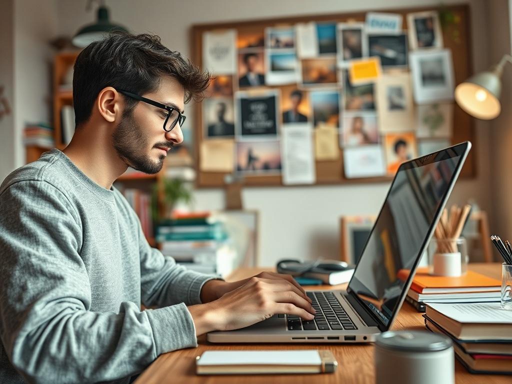 A hyper-realistic close-up shot of a content creator in action, typing on a laptop in a cozy, well-lit workspace filled with books and creative materials. The background showcases a mood board with vibrant images and notes, reflecting the creative process of developing engaging content.