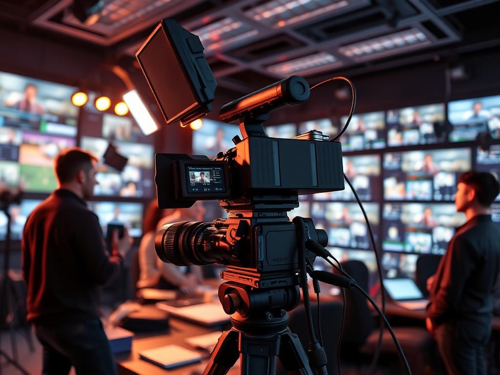 A hyper-realistic close-up shot of a broadcasting setup, featuring a professional-grade camera, lighting equipment, and a team of professionals coordinating a live stream. The background shows a control panel with screens displaying live feeds, creating an atmosphere of high-tech production.